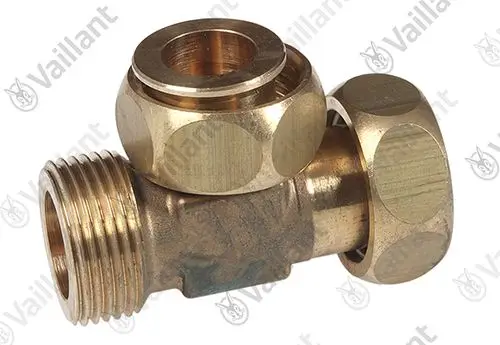 Vaillant T-Stück aus Messing mit zwei zylindrischen Anschlüssen, einer mit Gewinde, zur Verbindung von Rohrleitungen in Heizungsanlagen.